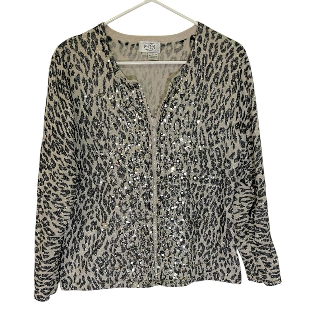 Just B Large Tan Black Leopard Print Zip Up Sequin Cardigan Sweater Mob Wife
